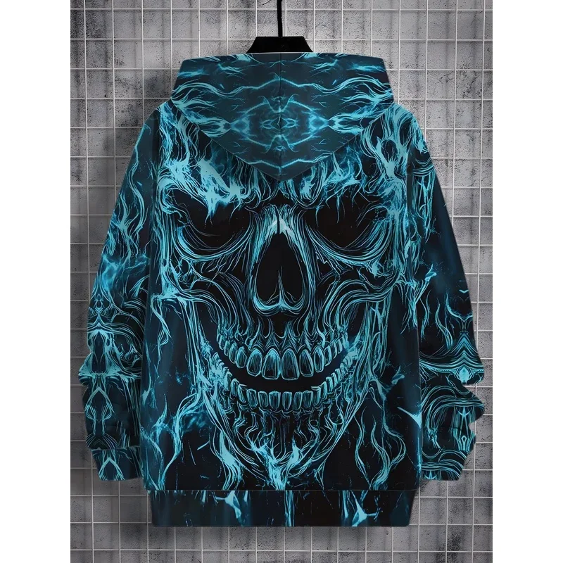 Men Black Base Neon Blue Flame Skull Full Back Print Drawstring Hoodie
