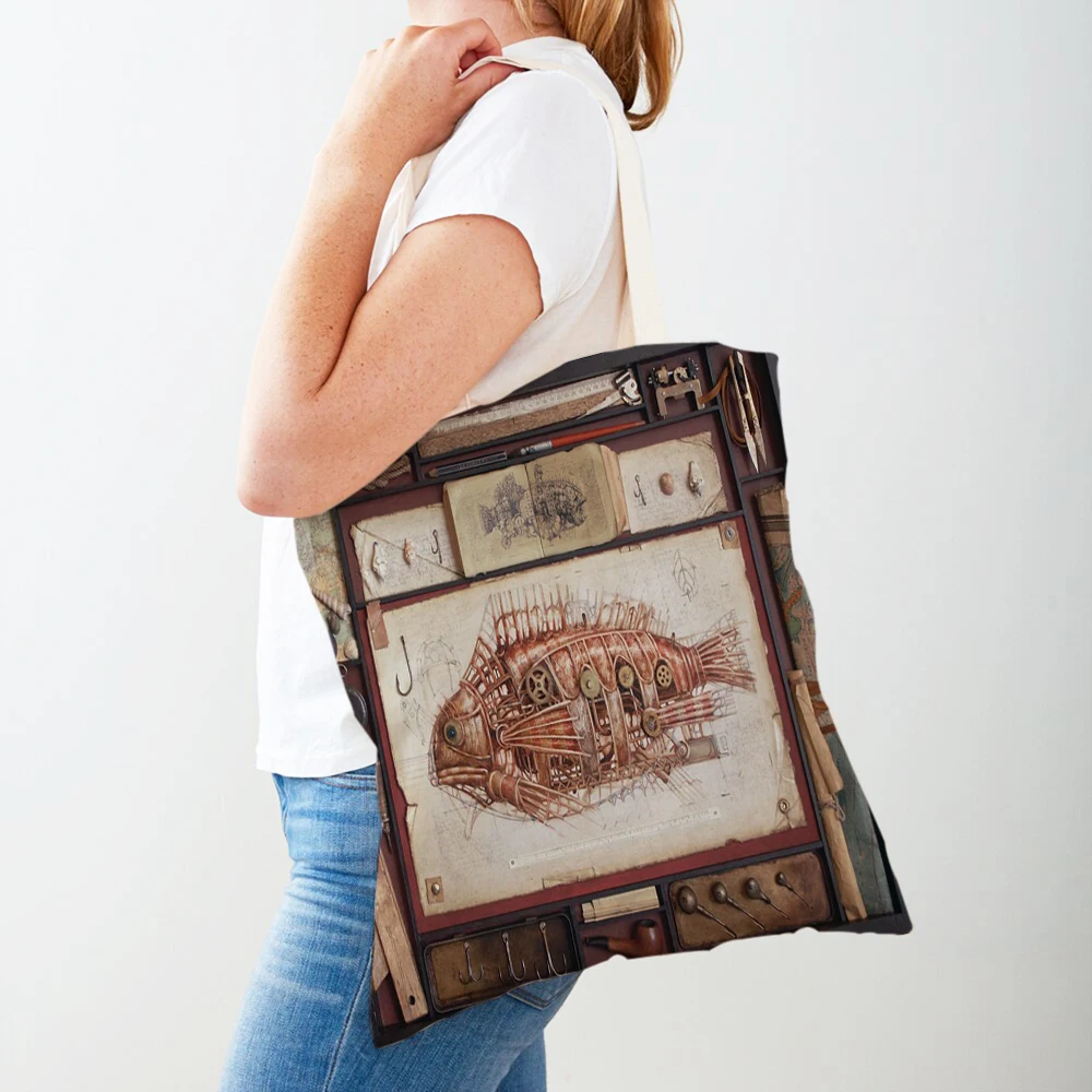 Bolso de compras de lona para mujer, bolsa de compras plegable reutilizable con estampado doble de Animal mecánico Steampunk