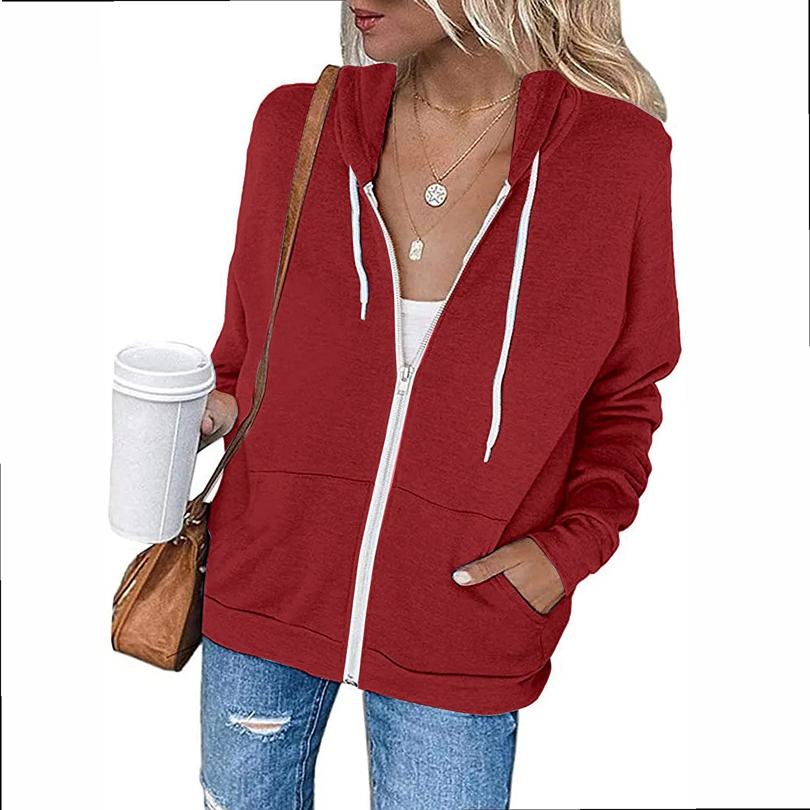 Solid Color Hoodie With Pocket Drawstring Zipper Plus Size Thick Hoodies For Spring Summer