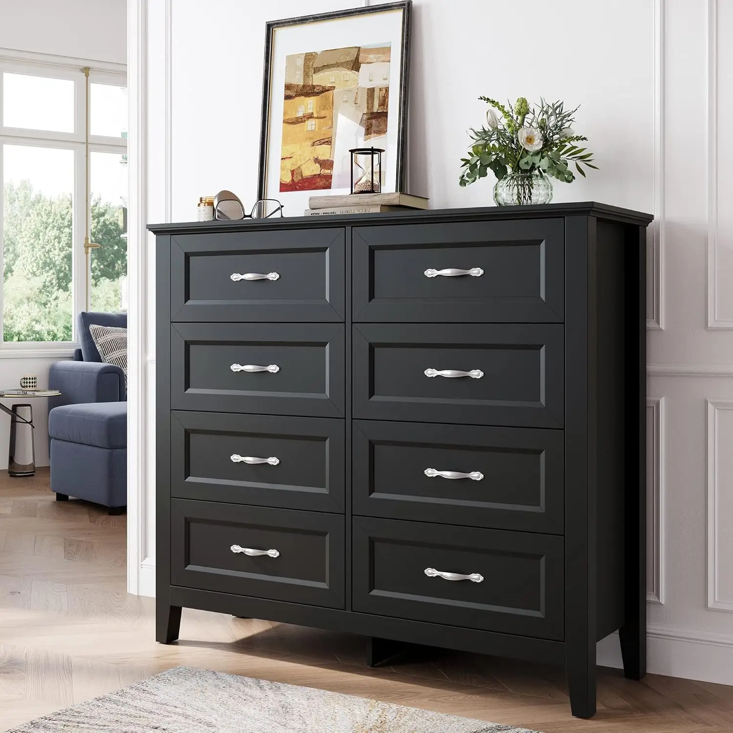 

8 Drawers Dresser for Bedroom, Black Wood Dresser with Metal Handle, Farmhouse Tall Chest of Drawers with 1 pcs Fabric Divider