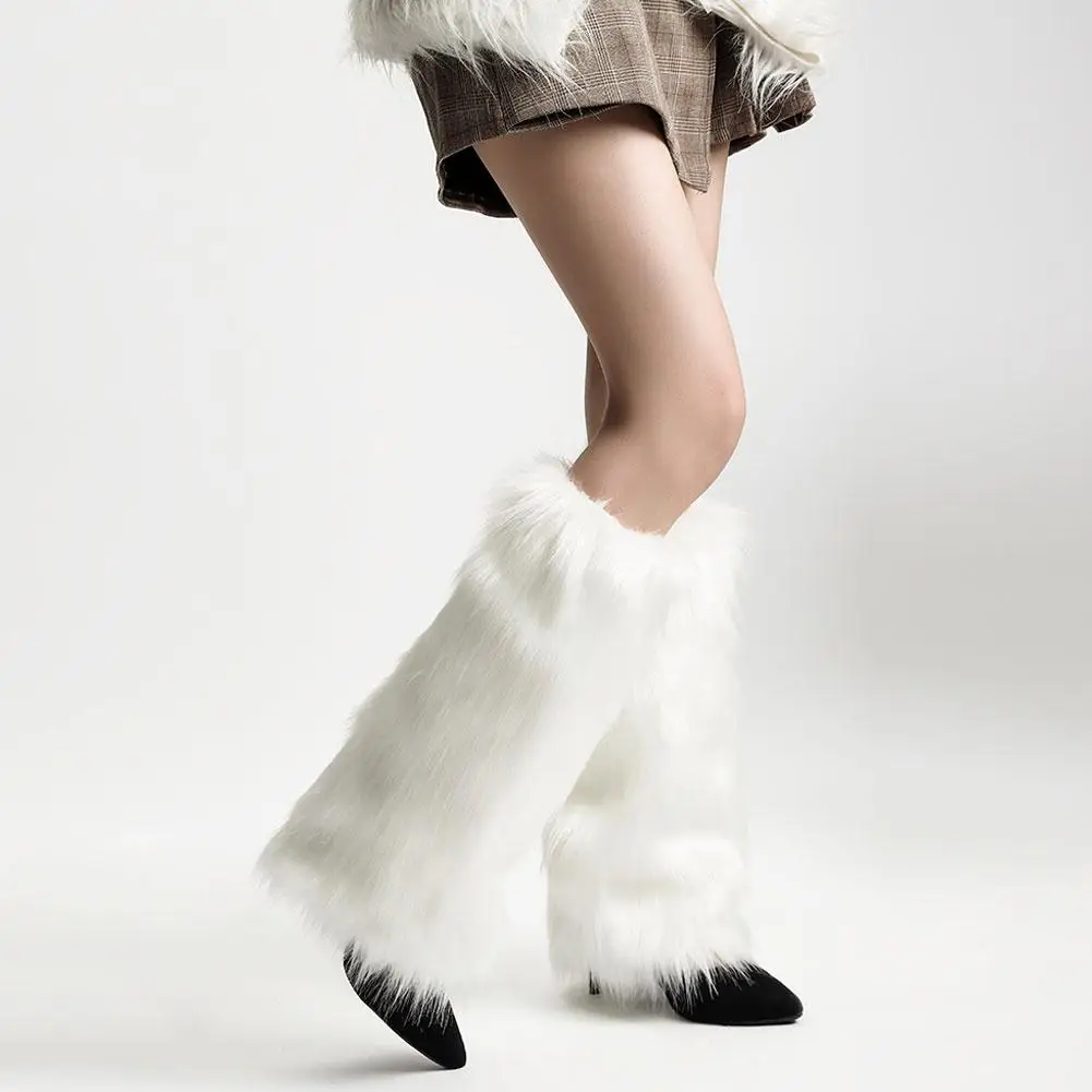 Calentadores de piernas de piel Artificial para mujer, calcetines de punto blancos y negros de otoño e invierno de Lolita japonesa, calentadores de piernas para mujer