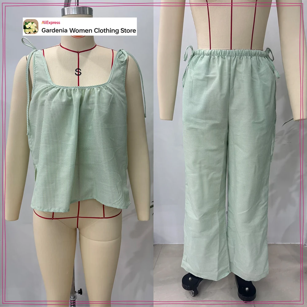 

Women's Summer Relaxtion Co-ord Set New in 2 Piece Home Wear Casual Pant Sets Striped Strappy Top Matching Striped Palazzo Pants