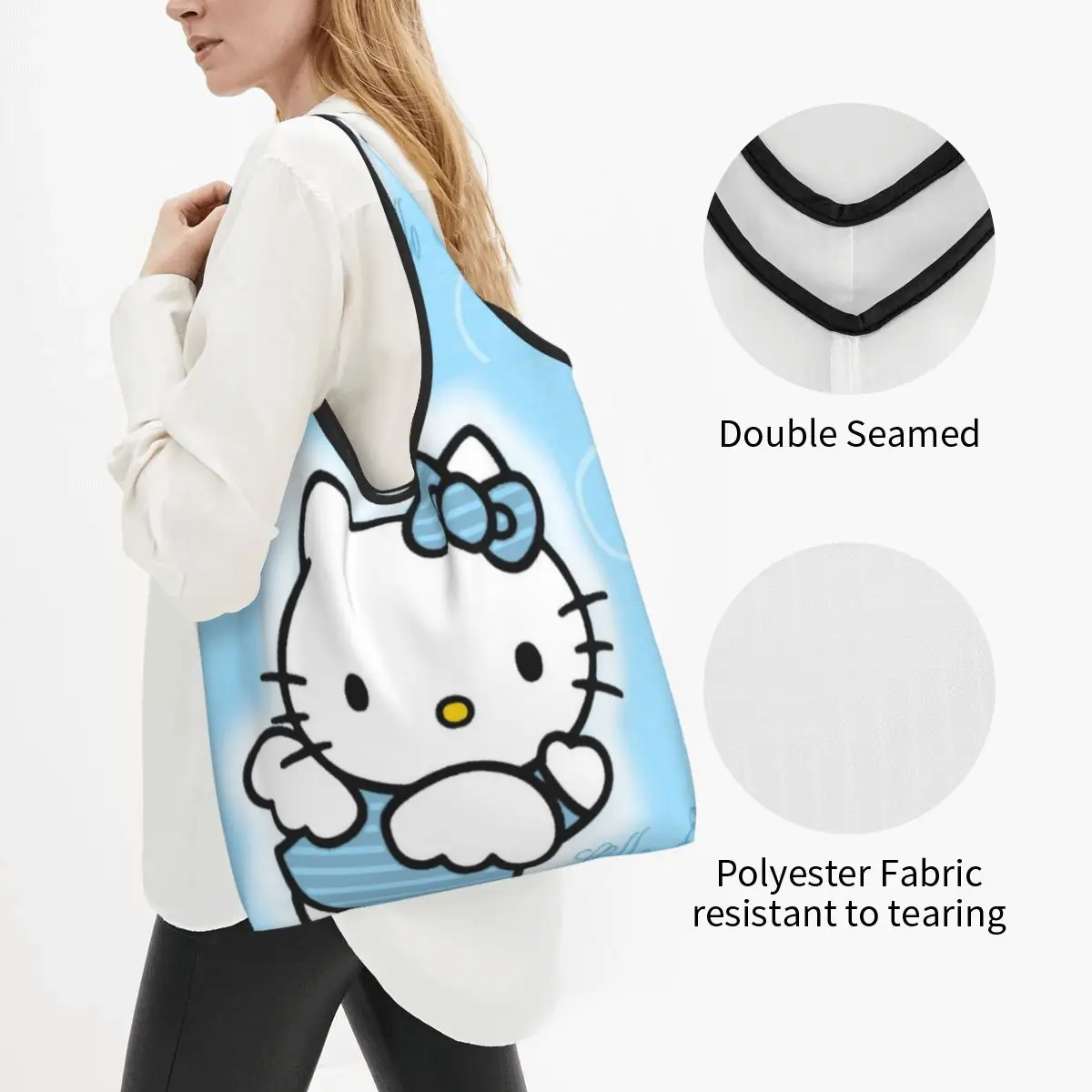 Reusable Kawaii Sanrio HelloKitty Cartoon Grocery Bags Foldable Machine Washable Shopping Bag Large Eco Storage Bag Lightweight