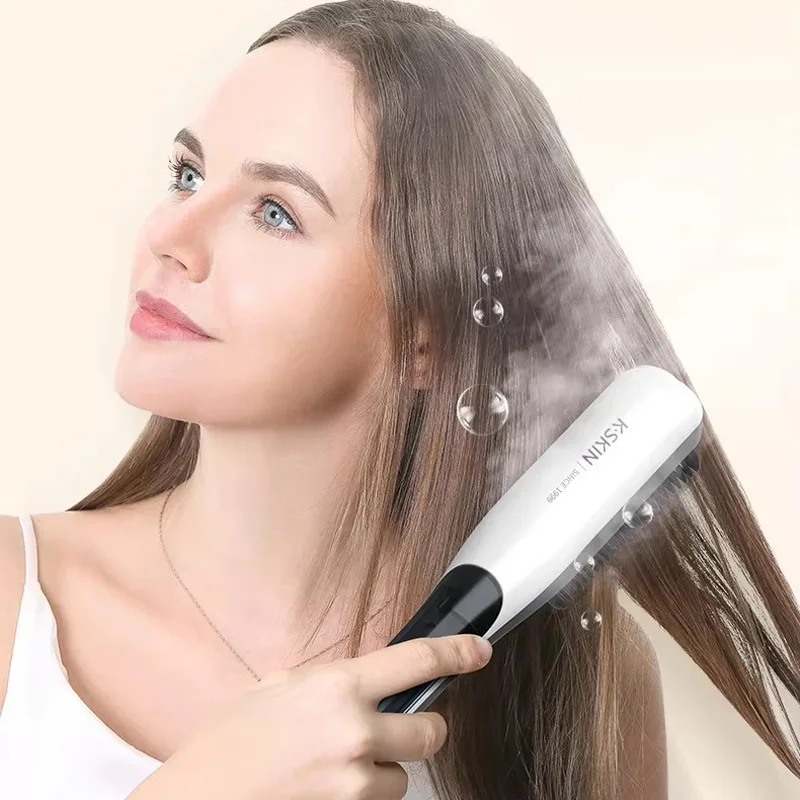 Negative Ion Steam Hair Straightener Brush Styling Comb 2In1 Straightening Curler Fast Heating Ceramic Anti-scald Flat Steampod