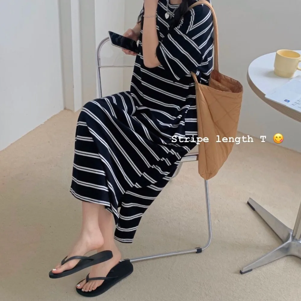 2025 Summer Korean Striped T-shirt Dress for Women with Versatile Design Loose Fit Slimming and Casual Long Dresses