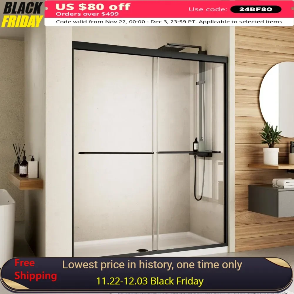 

Shower Door, 56-60'' X 70'', Double Sliding Semi-frameless, 1/4'' (6mm) Clear SGCC Tempered Glass, Bypass Shower Enclosure