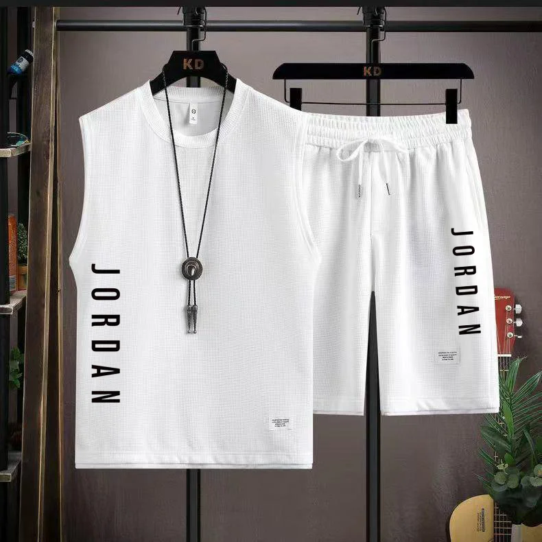 

2025 Men's Fashion Casual Waffle Vest Set Two-piece Summer Trend Vest Printed Set Size S-3XL