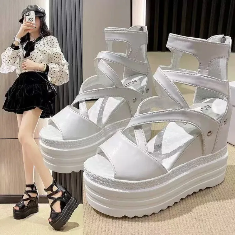 

Fashion 13cm Super High Heels Sandals for Women Thick Bottom Height Increase Cross Strap Fish Mouth Women Shoes Casual Sandales