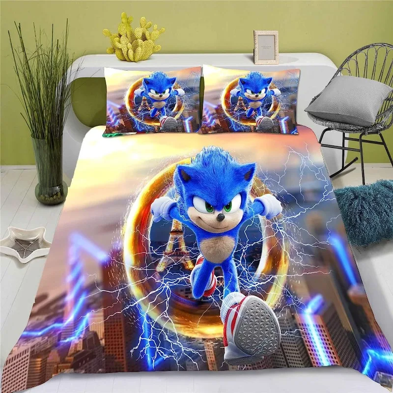 Sonic Duvet Cover - Polyester & Rayon, Sonic Room Decor Duvet Cover Set, 1 Duvet Cover and 2 Pillowcases, Kids Birthday Gift