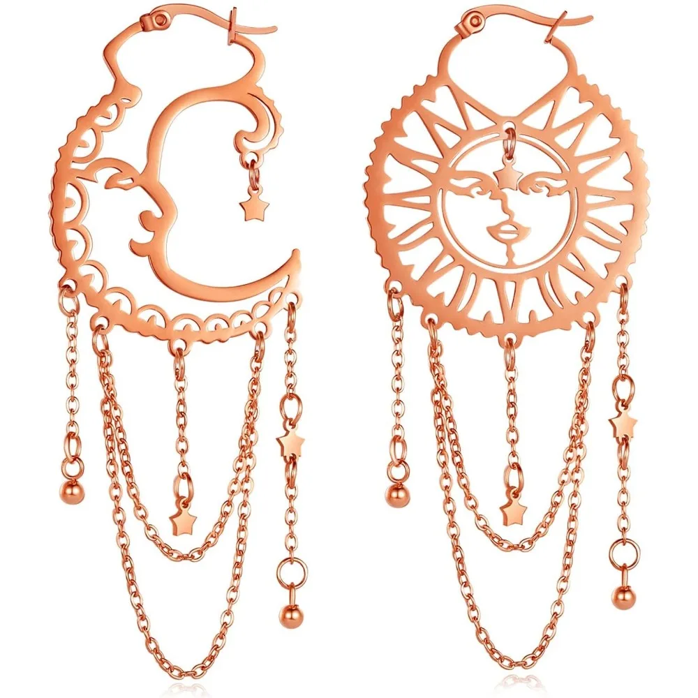 

Asymmetrical Sun Moon Rainbow Star Tassel Chain Dangle Earrings Bohemian Stainless Steel Jewelry for Women
