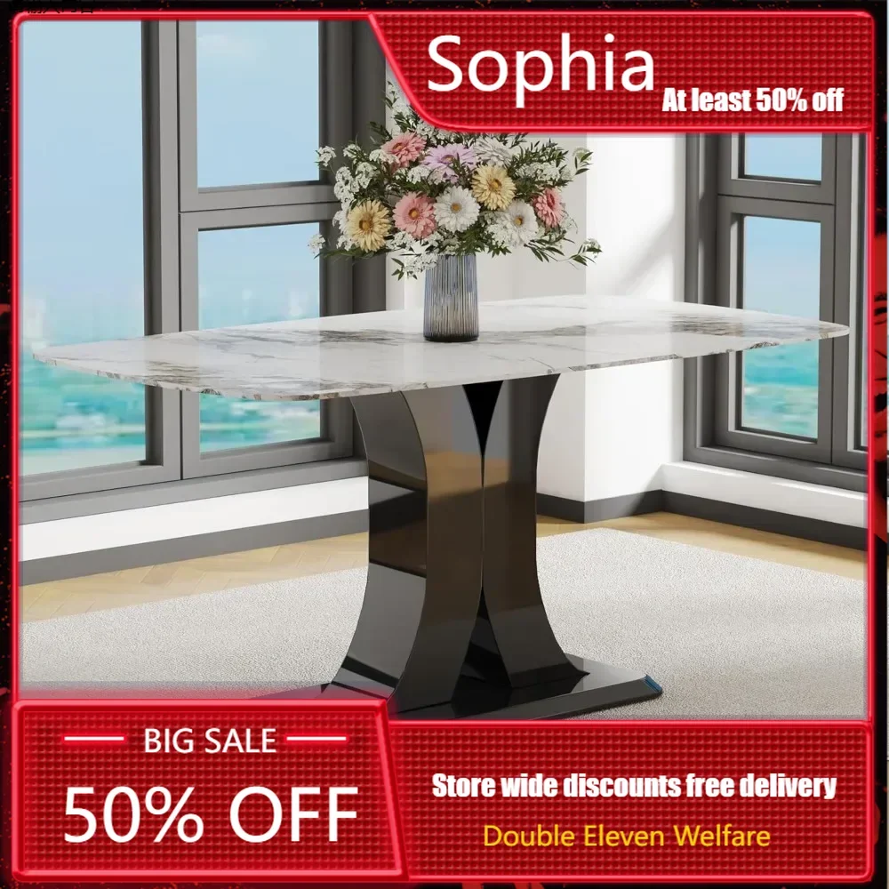 Rectangular 63 Inch Marble Dining Table, Suitable for 6-8 People, Equipped with Imitation Marble Top and X-shaped MDF Base