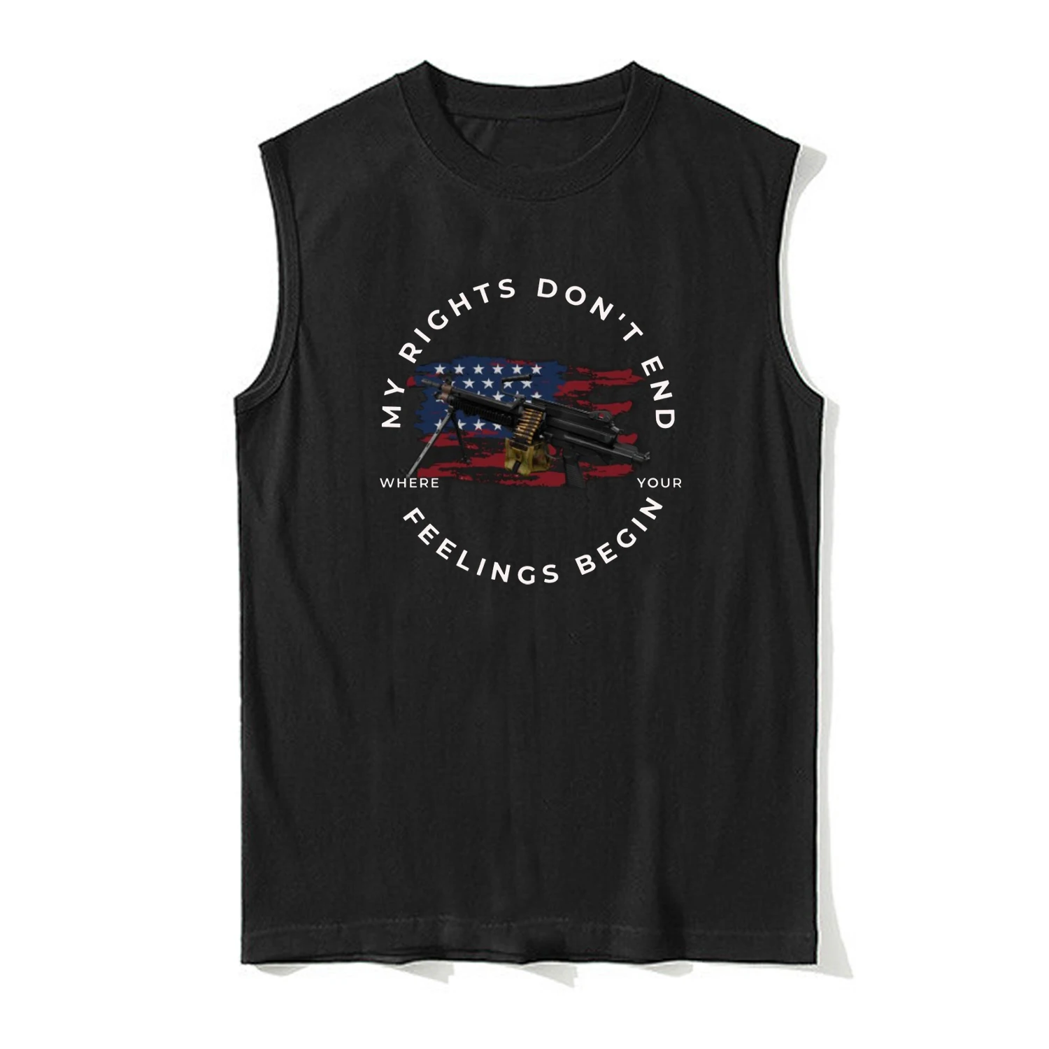 USA Flag Machine Gun My Rights Don't End 2nd Amendment Vest 100% Cotton O-Neck Summer Casual Tanktop Mens Sleeveless T-shirt