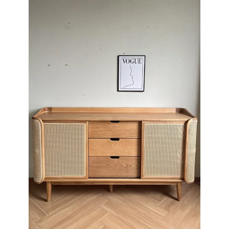 

Cherry rattan dining side cabinet retro solid wood storage locker porch bucket cabinet wall side cabinet