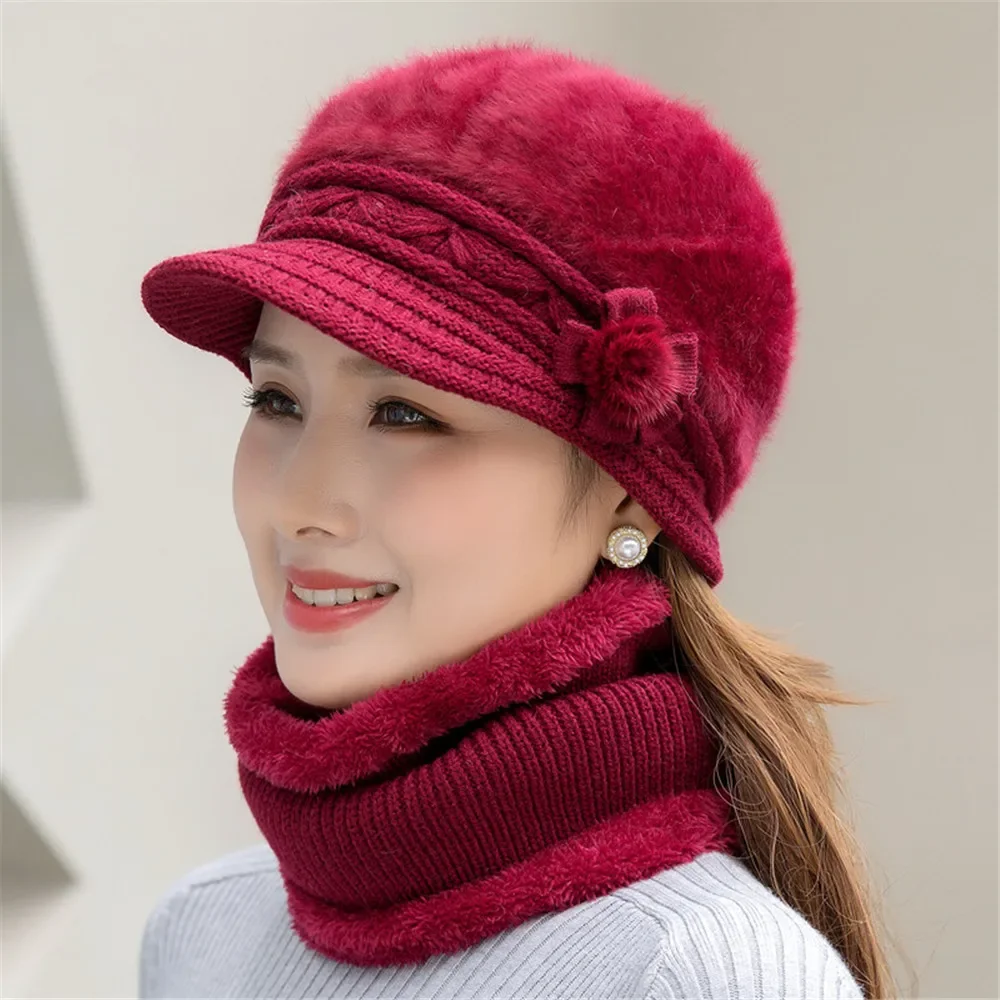 Hot Women Winter Hat Keep Warm Cap Add Fur Lined Hat And Scarf Set Warm Hats For Female Casual Rabbit Fur Winter Knitted Hat