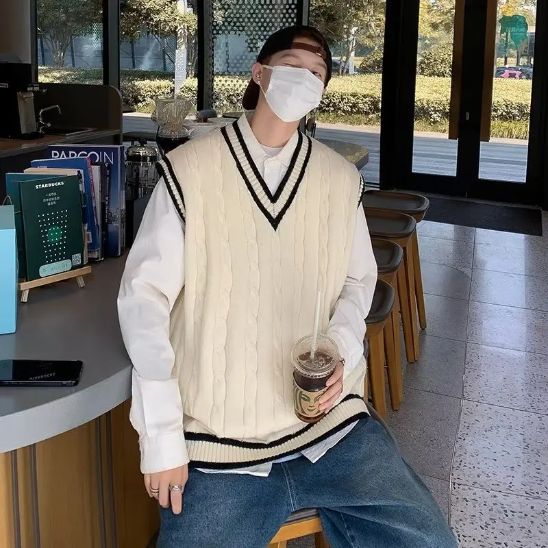 Sweater Vest Men V Neck Sleeveless Knitted Vests Tops Coats Knit Sweaters Splice Casual Loose Top Regular Autumn Winter