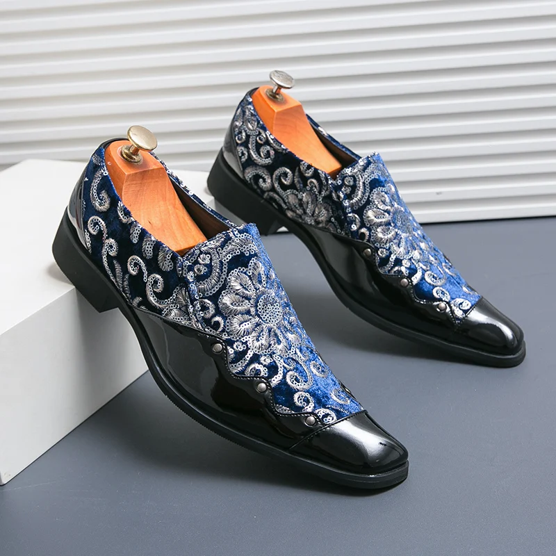 

New Design Fashion Glitter Leather Prom Dress Shoes for Men Luxury Man Pointed Toe Shoes Big Size 46 Slip-on Wedding Shoes Men