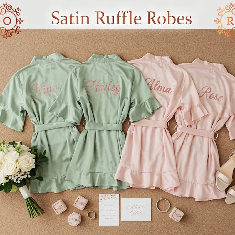 Getting Ready Custom Ruffle Robes Custom Bridal Satin Robe Personalized Kimonos Wedding Favor Bridesmaid Gift Bachelorette Party