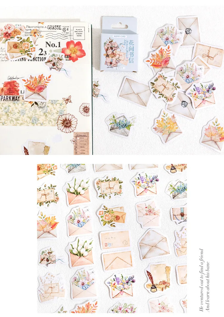 46Pcs Flower Envelope & Letter Stickers per Box for Junk Journal Diary Planner Scrapbooking Decorative DIY Craft