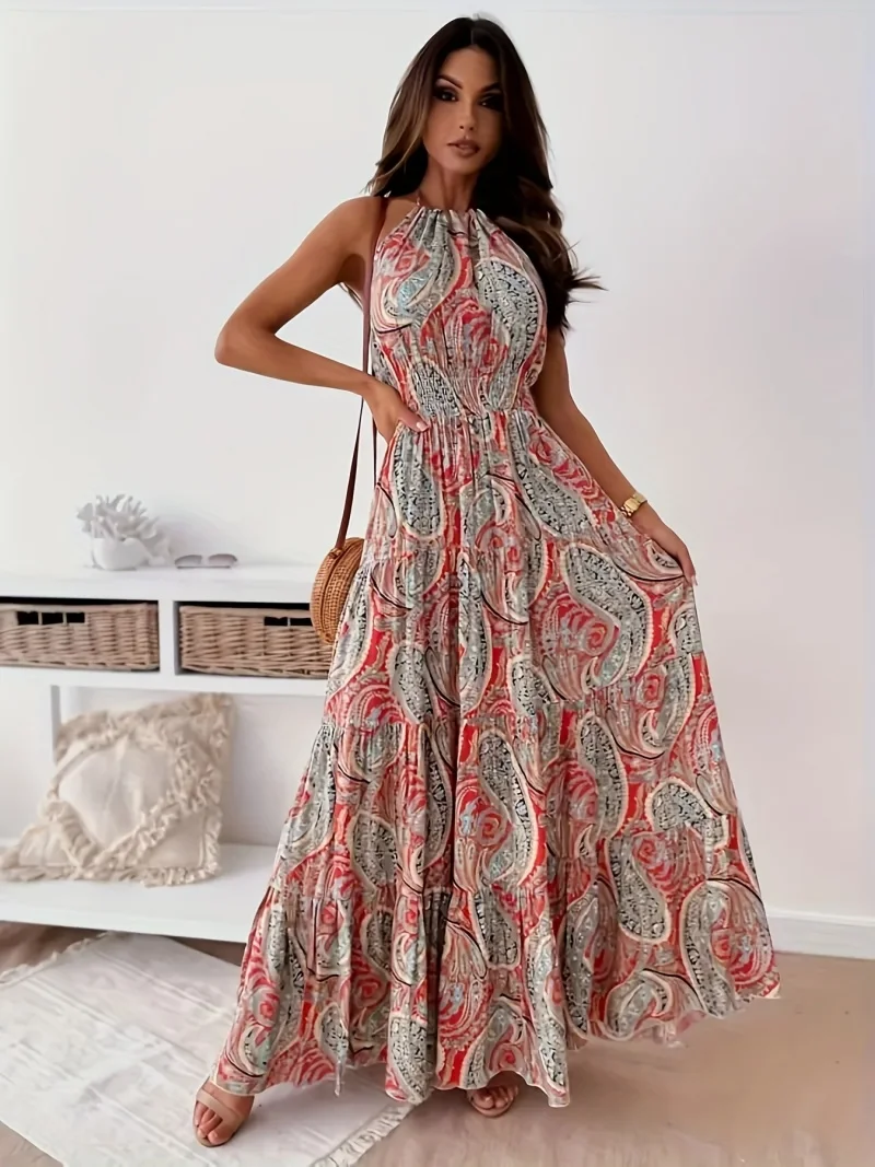 Plus Size Summer Women Halter Maxi Dress Sexy Floral Print Backless Bohemian Beach Dresses Fashion Ruffle Big Hem Long Dress