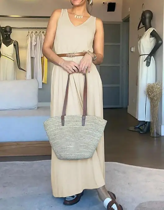 

V-Neck Sleeveless A Line Casual Dress Casual Two-Way Wear Loose Fit Maxi Dress