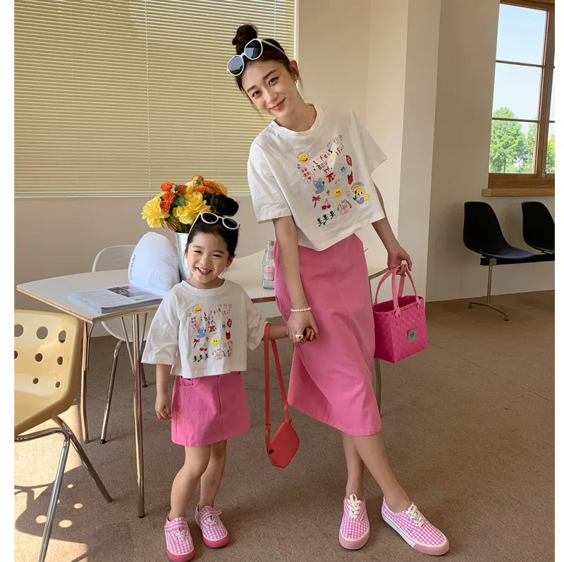 

Playing Summer Mother Daughter Parent Child Dress Korean Version Twill Pink Girl Label Half Skirt H22x88