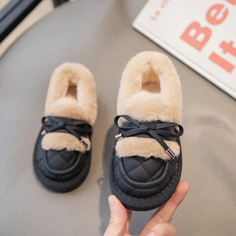 

Kids Leather Shoe Versatile Soft Breatheable Plush Cotton Children Fashion Casual Loafers Cute Princess Shoes Solid Color Sewing