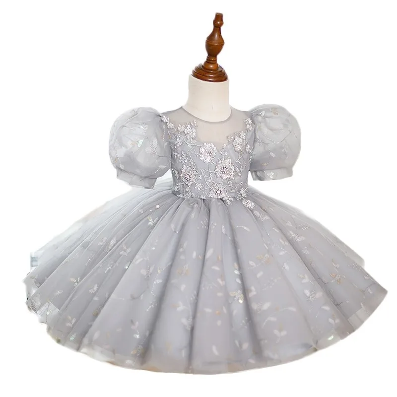 Baby Girls Silver Beaded Tulle Flower Girl Dress for Wedding Gray Birthday Communion Ceremonial Gown for 1-2-4-6-8-10 Kids