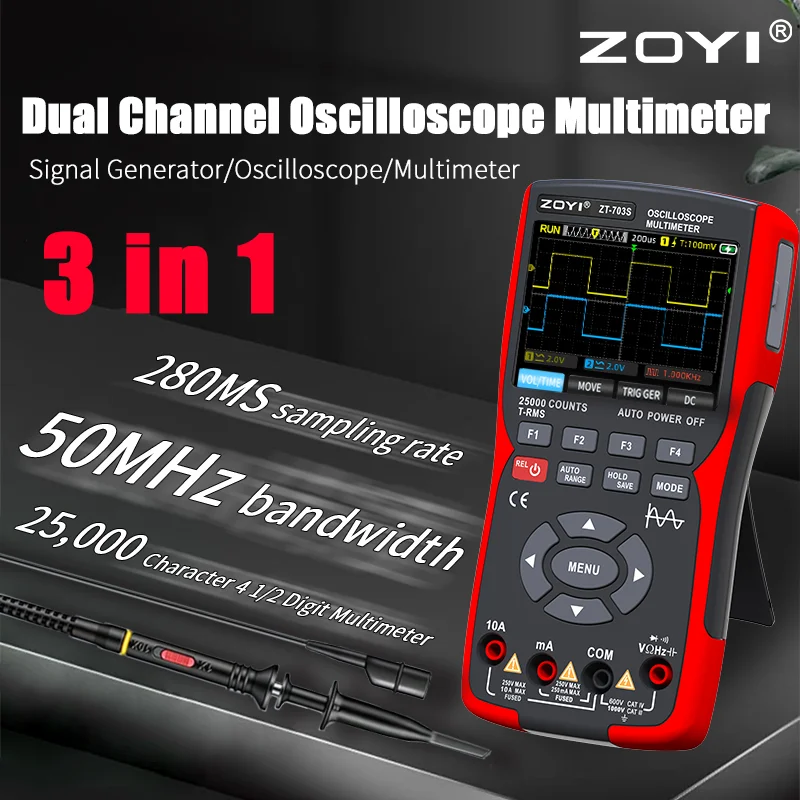 Zoyi Zt 703S 3in1 Digitale Multimeter 50Mhz Bandbreedte 280Ms Snelheid Pc Golfvorm Data Opslag Dual Oscilloscoop Signaalgenerator