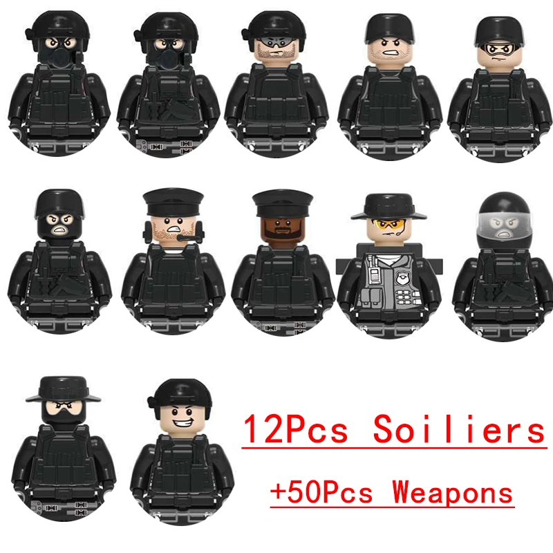 Military Special Forces Police SWAT Gangster Weapons Guns Mortar Jeeps Off-Road Armored Vehicle Model Soldier Building Block Toy