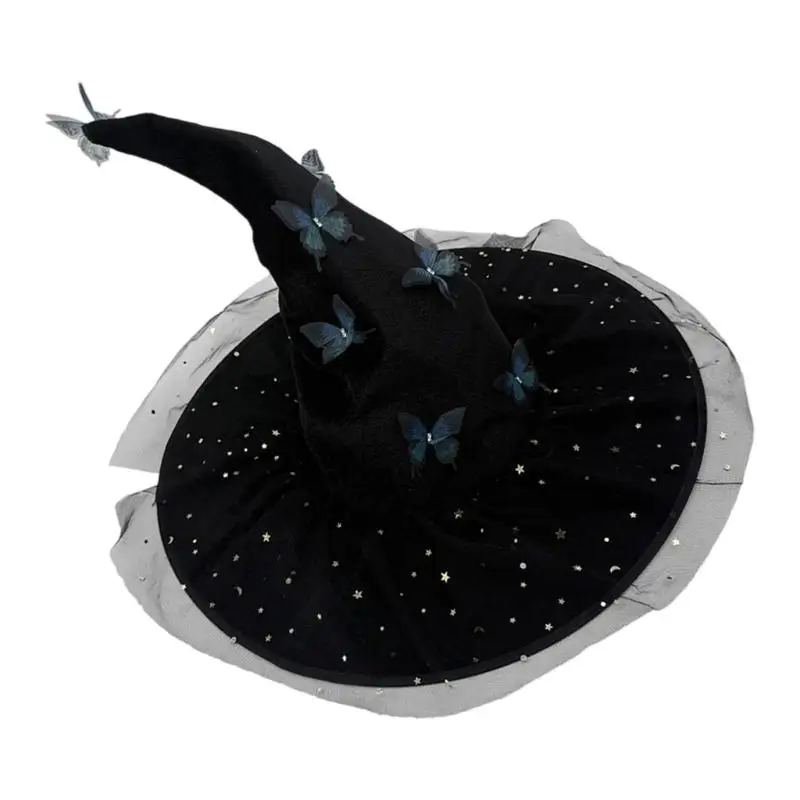 652F قبعة ساحرة الهالوين مجعدة قابلة للانحناء مع زي تزيين الفراشة
