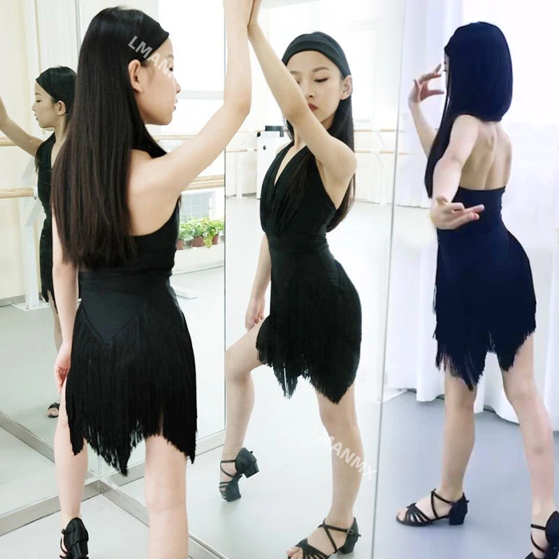 زي الرقص اللاتيني للفتيات والأطفال، ملابس ممارسة صيفية بدون ظهر، تنورة أطفال بدون أكمام