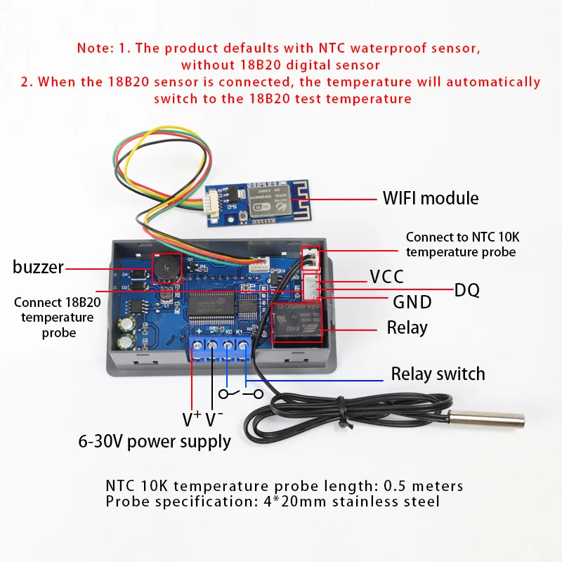 Digital WIFI Remote Temperature Controller Module Heating Cooling Thermostat DC 6-30V Modbus High/Low Alarm Cloud Record