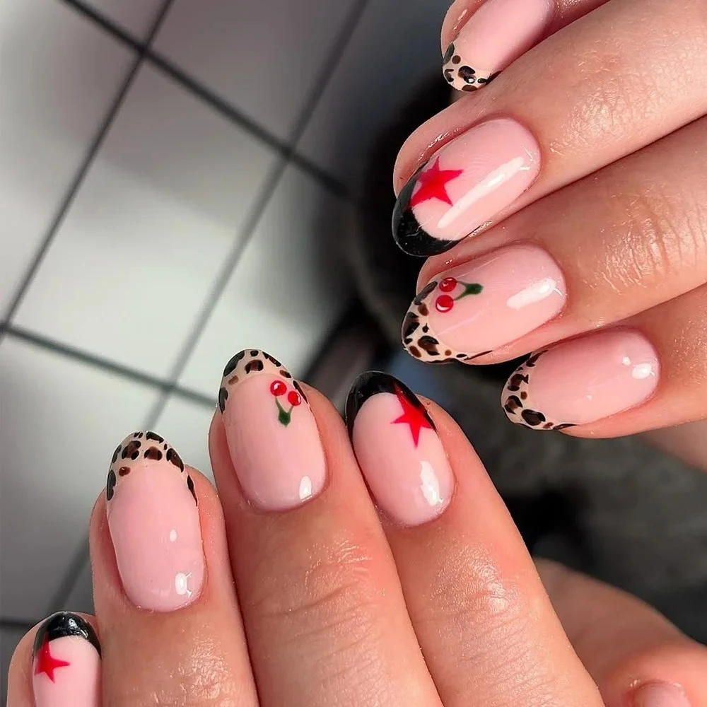 

24PCS Almond False Nails Nude Leopard Print Cherry Design French Press on Nails New Winter Wearable Nails Removable for Women