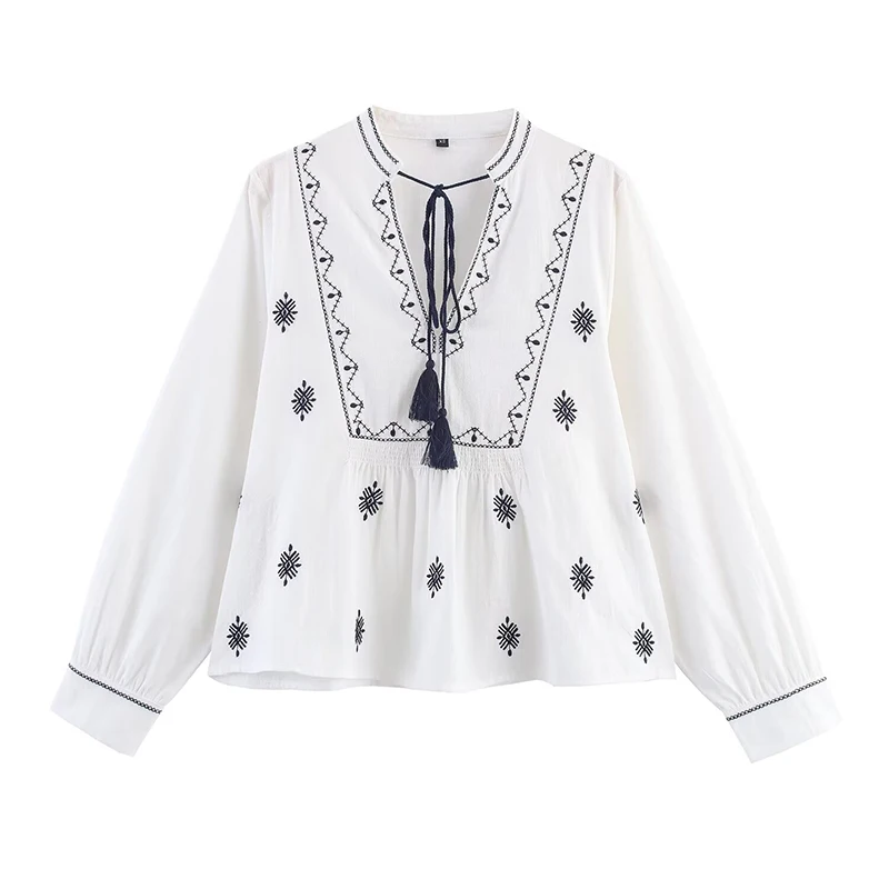

2025 Embroidery White Blouse Women Long Sleeve Casual Loose Autumn Tops