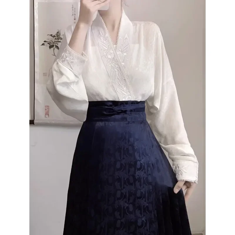 4 Color Chinese Style Cross Collar Embroidery Pearl Decoration Hanfu Tops Shirt for Women Improved Fashion Aircraft Sleeve Tops