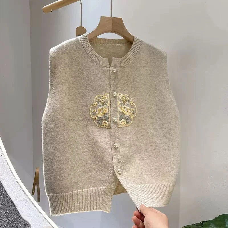 

New Chinese Style Sleeveless Cardigan Vest women's Spring New Chinese Style Embroidery Knitted Outer Wear Horse Clip Women Vest