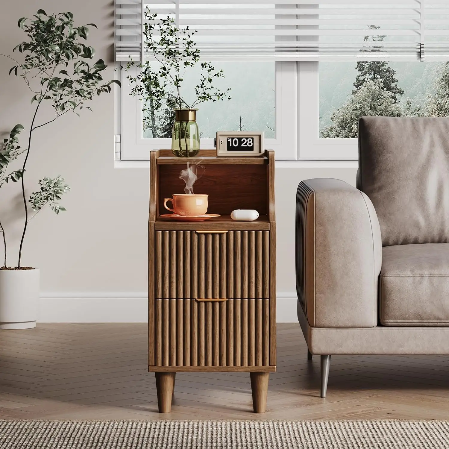 Narrow Nightstand Set of 2,11.8" Fluted Bedside Table Set of 2, Slim Side End Table with 2 Drawers, Wooden Bedside, Customized - view 6