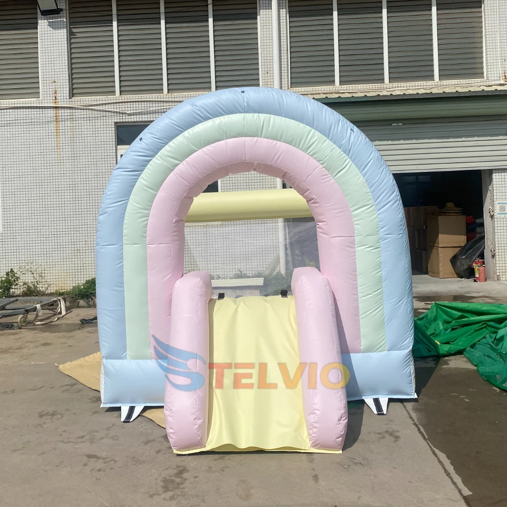 10x8ft Inflatable White Bounce House Rainbow Bouncy Castle Bounce House with Slide for Kids Party