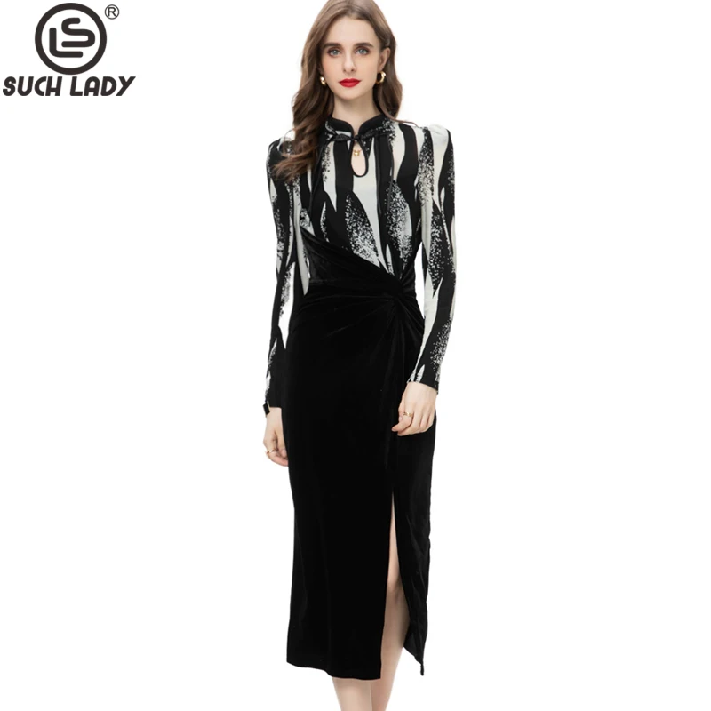 

Women's Runway Dresses Stand Collar Long Sleeves Printed Patchwork Velvet Split Fashion High Street Pencil Mid Vestidos