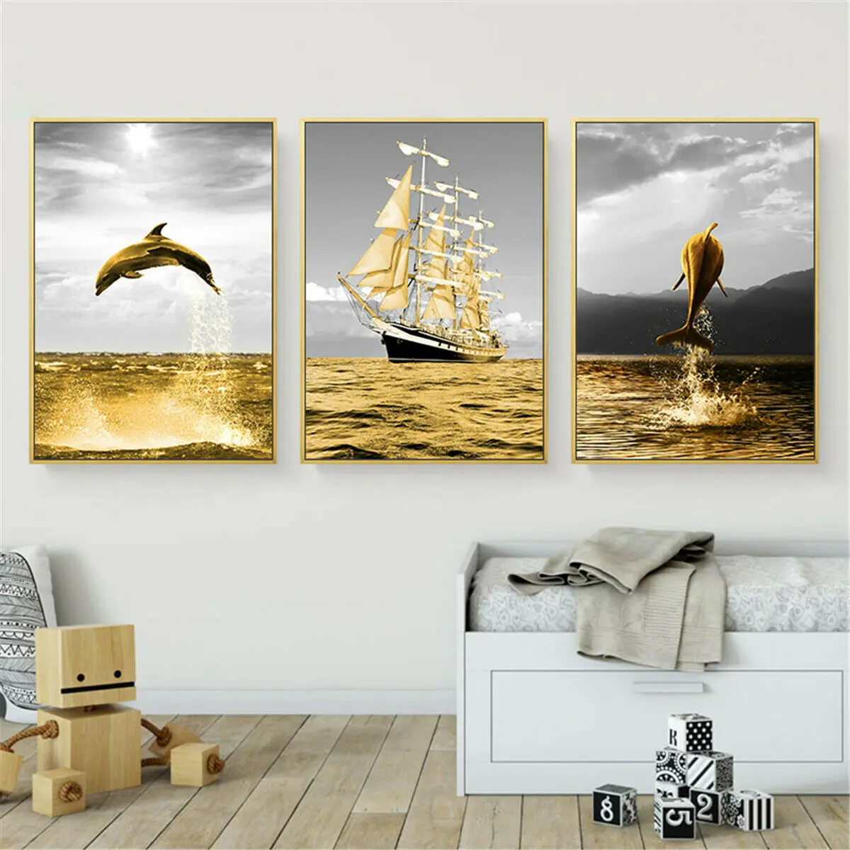 Lot Style Choose Unframed Golden Sea Whale Sailboat Print Art Canvas Poster For Living Room Decoration Home Wall Picture