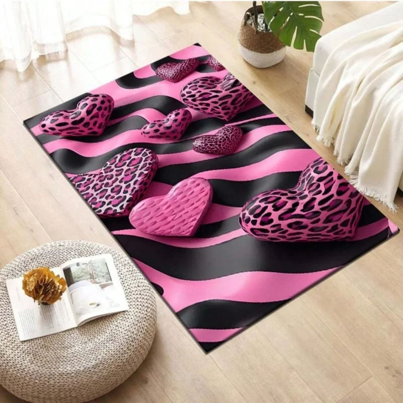 Black Pink Rose Heart Butterfly Ornate Print Large Area Rug Soft Flannel Non Slip Floor Carpet for Living Room Romantic Home