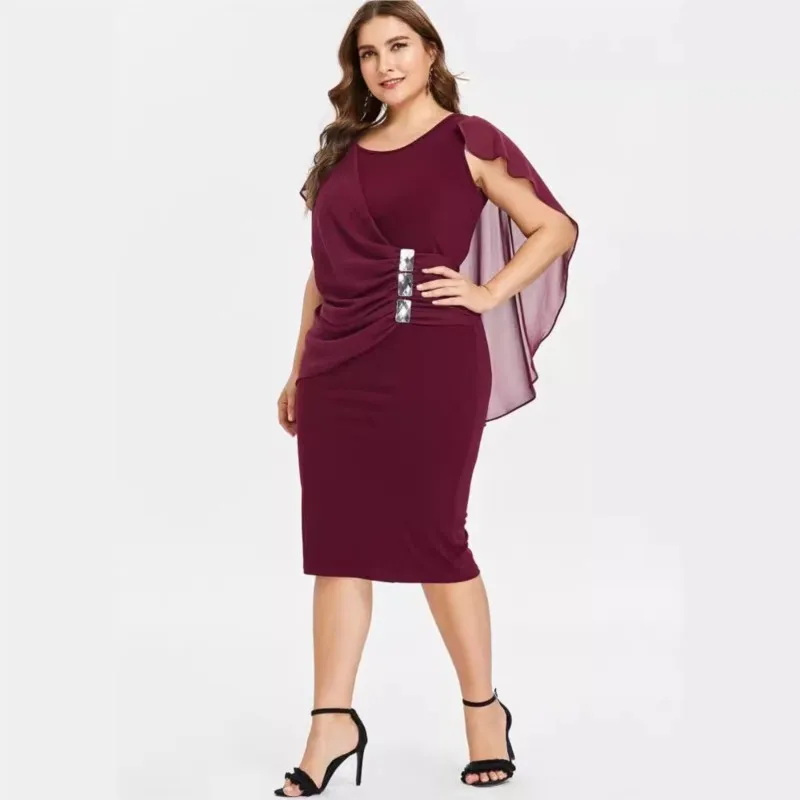 気質ドレス エレガントなドレス 2025 女性 シンプルスタイル ボディコン シフォン パッケージ ヒップ 無地 ショール 半袖