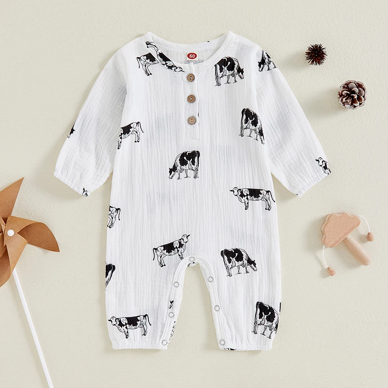 Highland Cow Jumpsuit Linen Button Down Romper Western Baby Boy Clothes Gender Neutral Fall  Outfit 0-18M