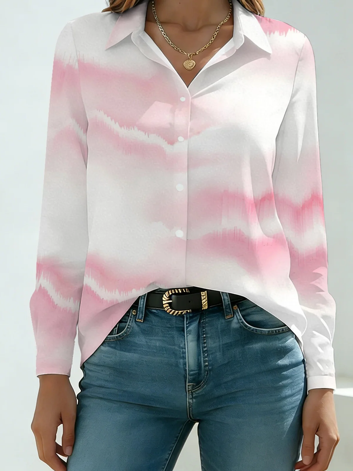 Minimal Watercolor Art Womens Collared Shirt Pink White Smooth Ombre Soft Horizontal Streak Allover Print Long Sleeve Dating Str