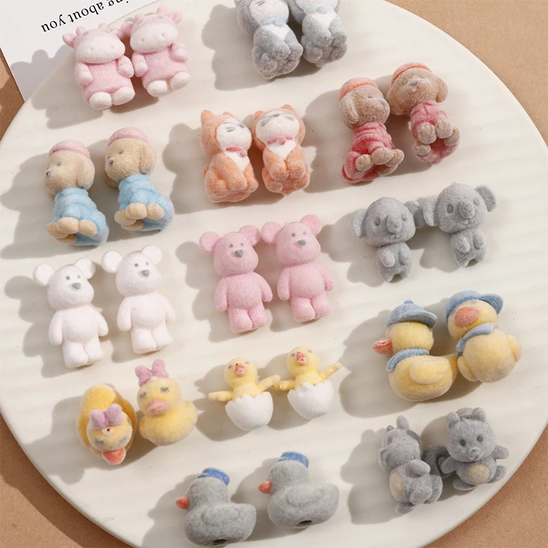 2Pcs Japanese Cute Cartoon Bear, Duckling, Broken Shell Chick, Dog, Flocked Animals Pendan Ornament Earring Material