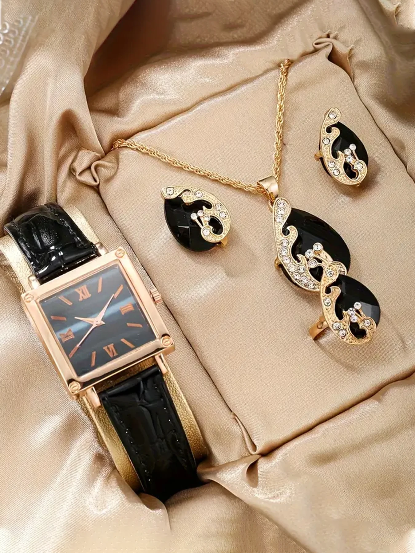 5-piece trendy leather women's watch square Korean fashion rhinestone block set