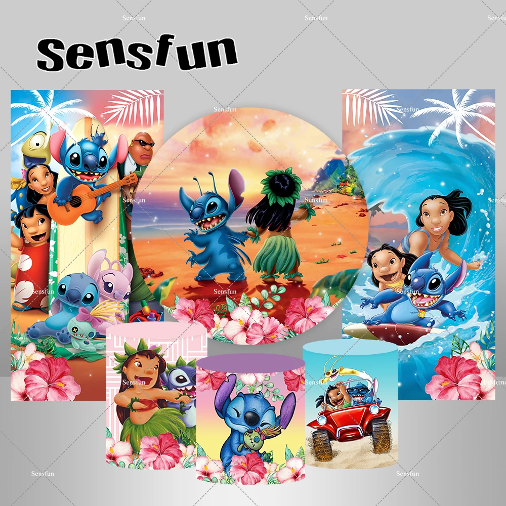 ธีม Lilo & Stitch ฉากหลังทรงกลมครอบคลุมการ์ตูนฮาวายฮูลาเต้นรำวันเกิดสำหรับเด็กพื้นหลังสี่เหลี่ยมผืนผ้าผู้จัดจำหน่าย