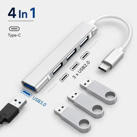 Hub USB 3.0 de 4 portas com divisor múltiplo, extensor USB-C, adaptador de dock USB-C OTG, extensor HUB Tipo C para laptop, PC, Xiaomi, Huawei, Macbook
