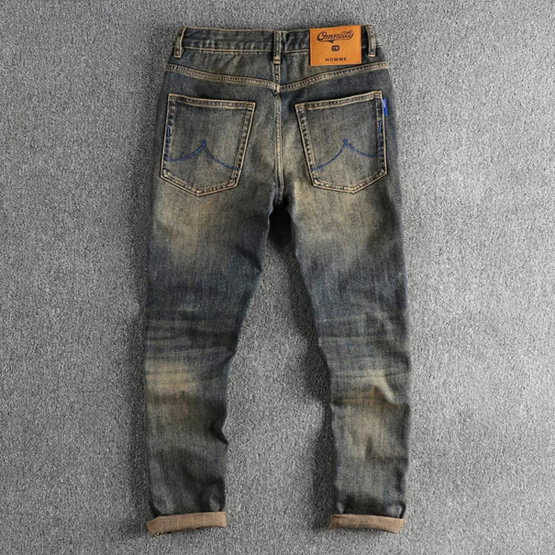 Trendy Retro Yellow Mud Color Washed Worn Jeans Men's Fit Pencil Pants Autumn Versatile 2024 New Long Pants