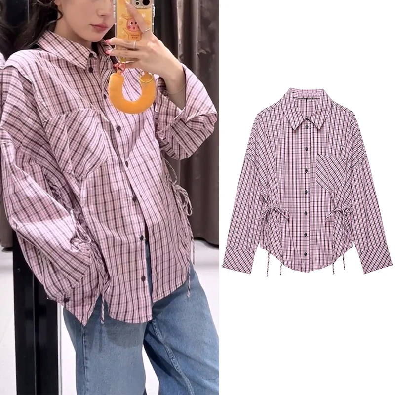 

Spring Summer New Women Blouses Fashion Pink Plaid Shirt Casual Chic Personality Female Tops